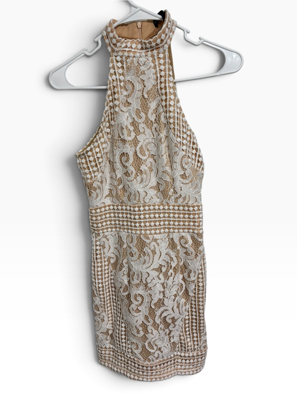 PrettyLittleThing White Lace Nude Illusion Halter Neck Bodycon Dress UK 6 / US 2 - Picture 3 of 5